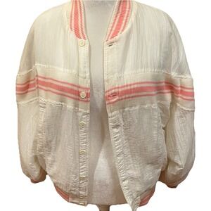 NAF NAF Sport France Vtg Bomber Puff Jacket 80s White Pink Stripes Streetwear L